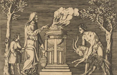 Ofringen af en vædder holdt af en nøgen mand til højre, hætteklædt præst til venstre med en..., ca. 1515-1600.