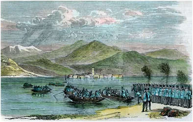 Krigen, østrigere krydser Lago Maggiore, Italien, c1875