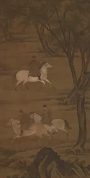 Tre ryttere rider under piletræer, 1400-tallet.
