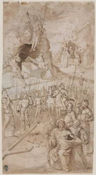 Tre scener fra Kristi lidenskab recto Architectural Sketch verso, 1500-tallet.