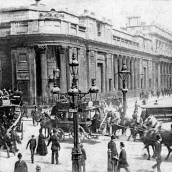 Trafik passerer Bank of England, London, ca. slutningen af det 19. århundrede