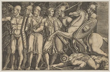 Trajan Fighting the Dacians, Trajan til hest til højre rider mod en gruppe ..., ca. 1515-1600.