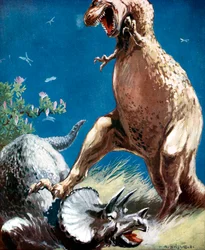 Triceratops, en hornet dinosaur, holdt nede af en tyrannosaur, c1920