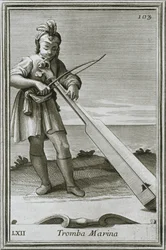 Trumscheit marinetrompet, gravering fra F. Bonannis bog Armonic cabinet, Rom, 1722, 1948