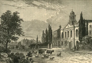 Turnpike i Hampstead Road og St. James Church, i 1820, c1876.
