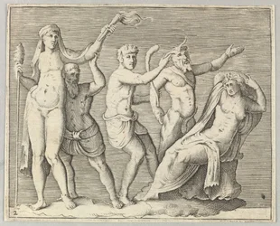 To figurer, en faun og en satyr nærmer sig en liggende kvinde, udgivet ca. 1599-1622.