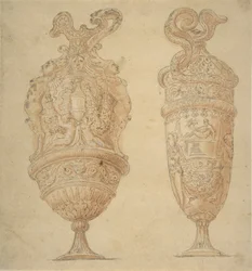 To urner dekoreret med menneskefigurer, dyr og guirlander., n.d..