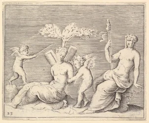 To kvinder og to amoriner, udgivet ca. 1599-1622.