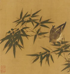 To fugle, der svinger på en gren af bambus, Qing-dynastiet, 1700-tallet.