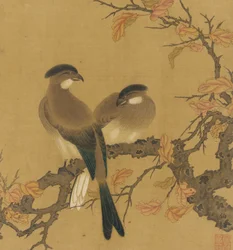 To kamfugle på en gren, efterårsblade, Qing-dynastiet, 1700-tallet.