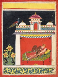 To elskende i en pavillon, fra en Amarushataka Et hundrede digte af Amaru..., ca. 1680.