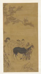 To mænd og to heste under et fyrretræ, Qing-dynastiet, 1700-tallet.