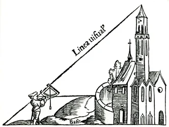 Brug af en kvadrant med et lod til at beregne højden af et tårn ved triangulering, 1551