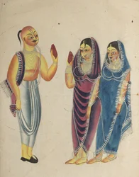 Vaishnava devotee med to kvinder, 1800-tallet.