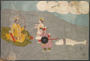 Vanasuras sønner underkaster sig Krishna: Scene fra Aniruddha Usha-sektionen af Krishna Lila, ca. 1840.