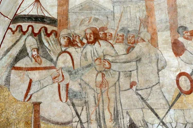 Vault de Lugny kirke. 16. århundrede vægmaleri. Kristus i sin lidenskab. Kristus før Pilatus. Frankrig Â