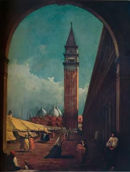 Venedig: En messe på Piazza San Marco set gennem en buegang i den sydvestlige ende, c1863