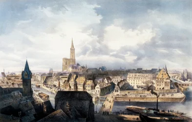Udsigt over Strasbourg (Frankrig) fra Saint Guillaume-tårnet. Litografi i farver.
