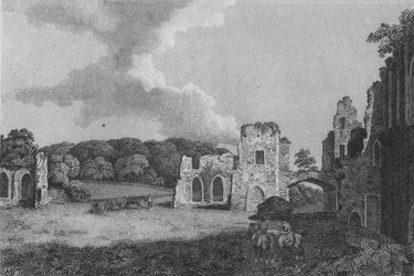 Udsigt over en del af ruinerne af Abbey of St. Agatha: nær Eastby, Yorkshire, 1791