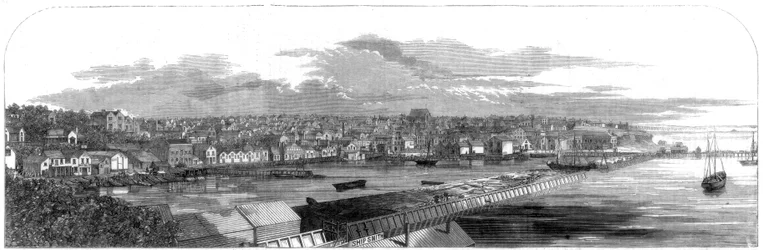 Udsigt over byen Auckland, New Zealand, med den nye kommercielle dæmning, 1860
