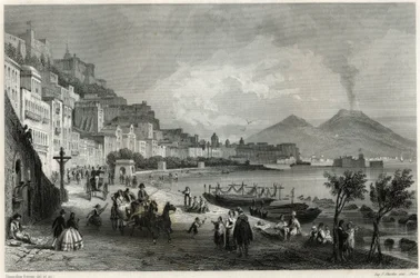 Udsigt over havnen og byen Napoli i det 19. århundrede, i bogen om Middelhavet af Louis Enault (1824-1900), fransk journalist og rejsende.