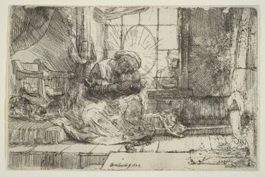 Jomfru og barn med katten: og Josef ved vinduet, 1654.