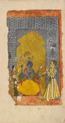 Vishnu på tronen med en fyrstelig hengiven foran ham, c1700-1725