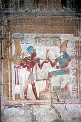 Vægmaleri af Sethos I før Horus, Sethos I-templet, Abydos, Egypten, 19. dynasti, c1280 f.Kr.