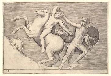 Warrior Pulling a Rider from His Horse, fra Ex Antiquis Camus et Ge..., udgivet ca. 1599-1622.