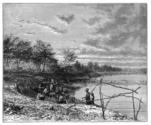 Vaskesand til diamanter på bredden af Vaal-floden, Sydafrika, c1890