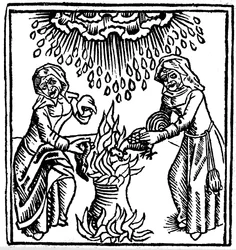 Hekse, der kaster en besværgelse for at fremkalde regn, 1489