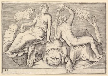 Kvinde og mand siddende på løveskind, mand skænker vin, udgivet ca. 1599-1622.
