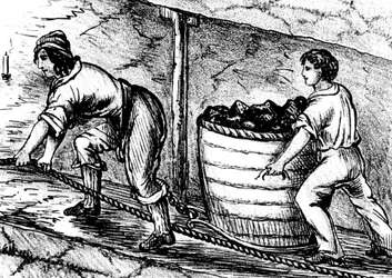 Kvinde og en dreng arbejder i en kulmine, Bolton, Lancashire, 1848