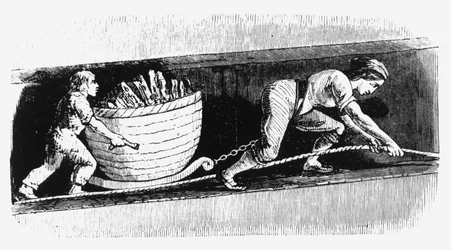 Kvinde og dreng tegner en korve indeholdende 3-4 cwt kul, Bolton, Lancashire, 1848