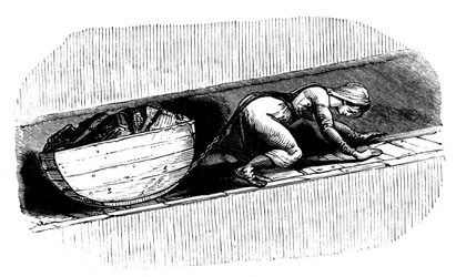 Kvindeputter trækker en slæde kul langs en smal søm, South Wales, c1848