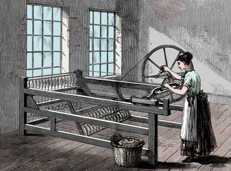 Kvinde, der bruger en Spinning Jenny, ca. 1880