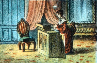 Kvinde bruger symaskine patenteret af Elias Howe [c1878]