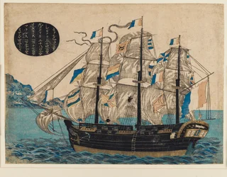 Woodblock Print - Dutch Sailing Boat, med flag af VOC