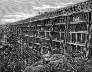 Træbukkebro på Union Pacific Railroad, Dale Creek, Wyoming, USA, 1869