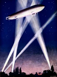 Zeppelin-luftskib fanget i søgelys under et bombeangreb over England, 1916
