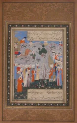 Zulaykha byder på Yusuf på slavemarkedet i Egypten, folio fra Yusuf..., anden halvdel af 1500-tallet