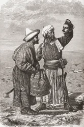 En afghansk soldat holder sin fjendes afhuggede hoved, illustration fra "The World in the Hands", graveret af Gauchard og Charles Barbant (død 1922), udgivet i 1878