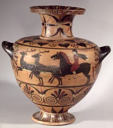 Hydria, jagtscene, arkaisk græsk, sortfigureret etruskisk-ionisk periode, ca. 540-530 f.Kr. (keramik)