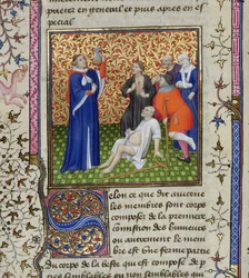 Ms.251 f.54v En læge med sine patienter, fra Des Proprietez des Choses, c.1415