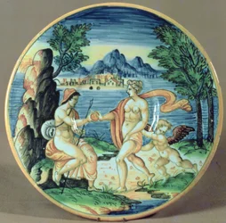 Plade, der viser Paris og Venus, af Giovanni-Battista da Faenza (1540-1614), 1563