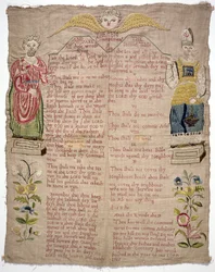 Sampler, der viser de ti bud, af Elizabeth Coventry, engelsk, 1727 (farvet silke på linned)