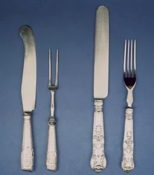 Sølv kniv og gaffel, Sheffield, ca. 1780 og senere version 1835, af Atkin og Oxley