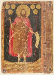 Johannes Døberen med guldfloriner, fra forsiden af forfatninger og statutter for Mønterlauget, ca. 1380