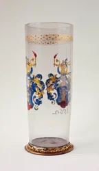 Stangenglas (tysk bægerglas) emaljeret heraldisk dekoration, sølvforgyldt montering, sandsynligvis sydtysk, 1562