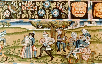 Tapestry-kappe, der viser jagtscener, engelsk tidligt 1600-tal